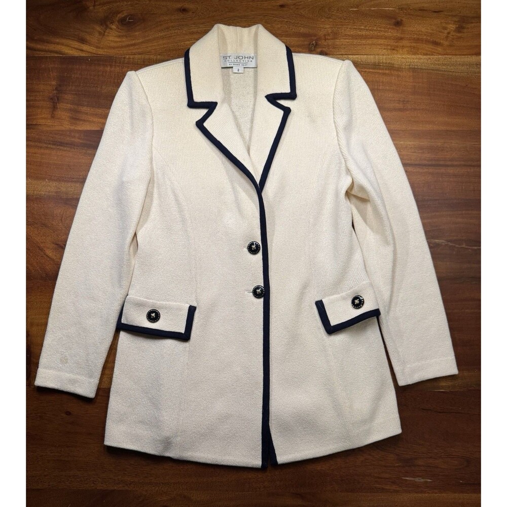 St John Women’s Cream Knit Blazer Black Trim Gold Button Jacket 2 Old Money